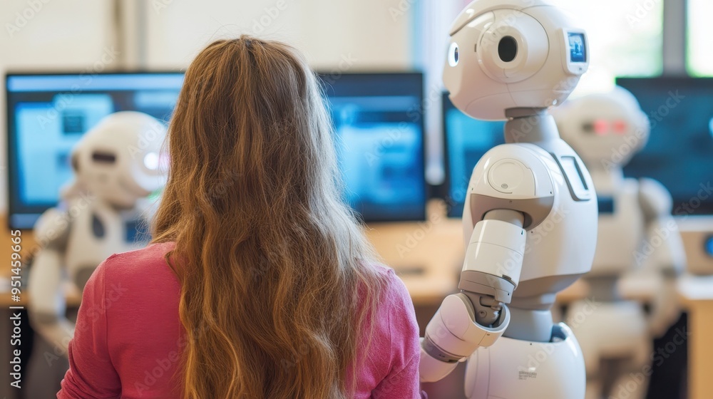 Poster interaction between human and humanoid robot in technology lab