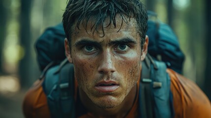 Fototapeta premium A cross-country runner pushes through fatigue on a forest trail, sweat glistening on their face