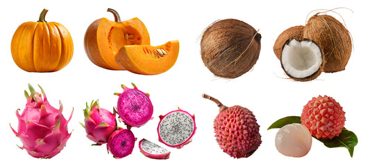 Collection of 4 vegetable fruit exotic seasonal, Pumpkin, coconut, Lychee litchi lichee, Dragon fruit pitaya pitahaya on transparent background cutout PNG. Mockup template for artwork design