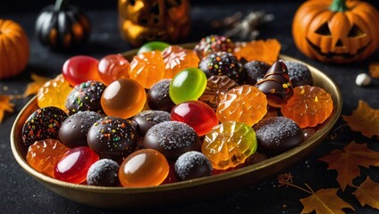 Halloween Festival candies with carved pumpkin