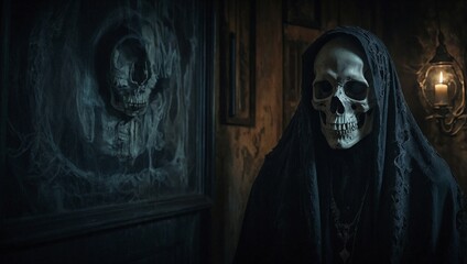 Scary Skeleton inside Dark Haunted House with candle
