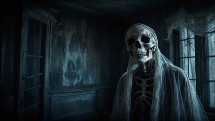 Scary Skeleton inside Dark Haunted House