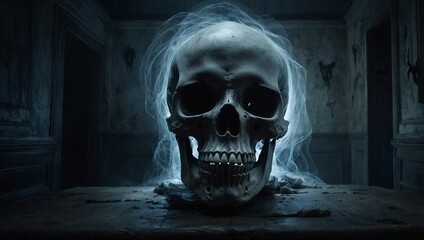 Scary Skull Head inside Dark Haunted House