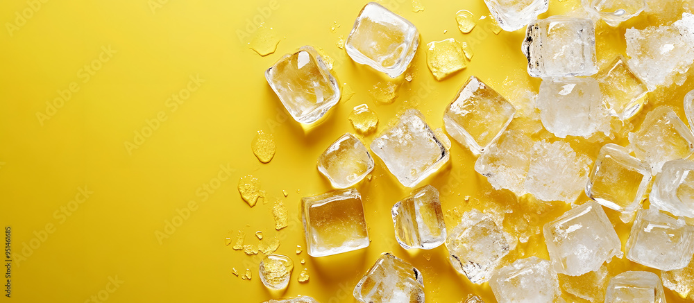 Poster flat lay of transparent ice cubes on a yellow backdrop with ample copy space image