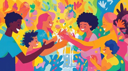 Diverse group of friends smiling and interacting in a colorful abstract world.