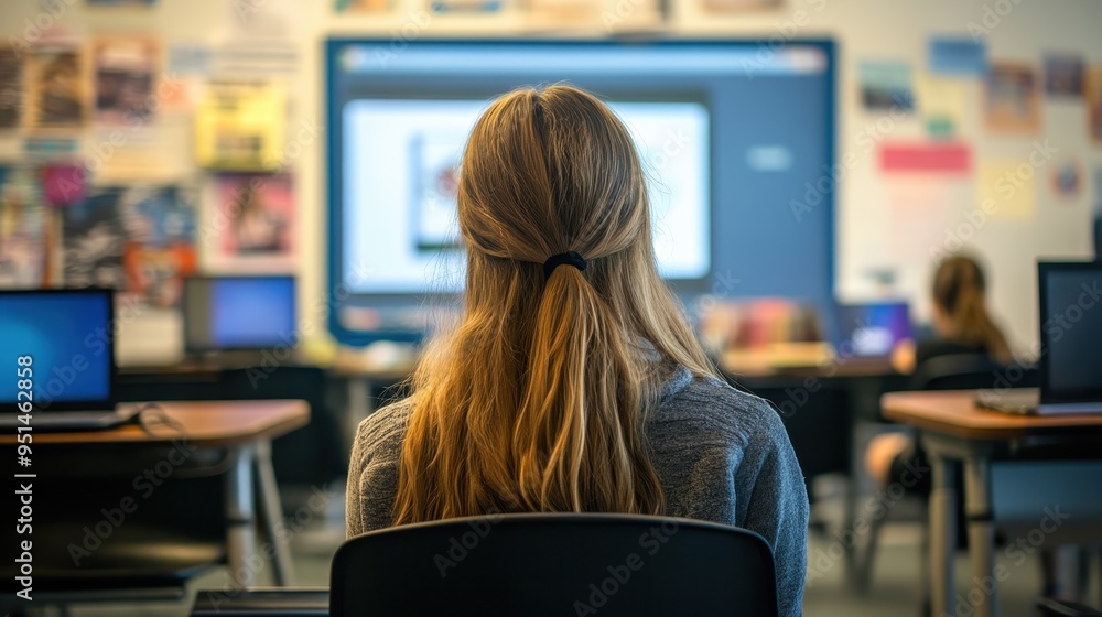 Poster young student working on computer in classroom