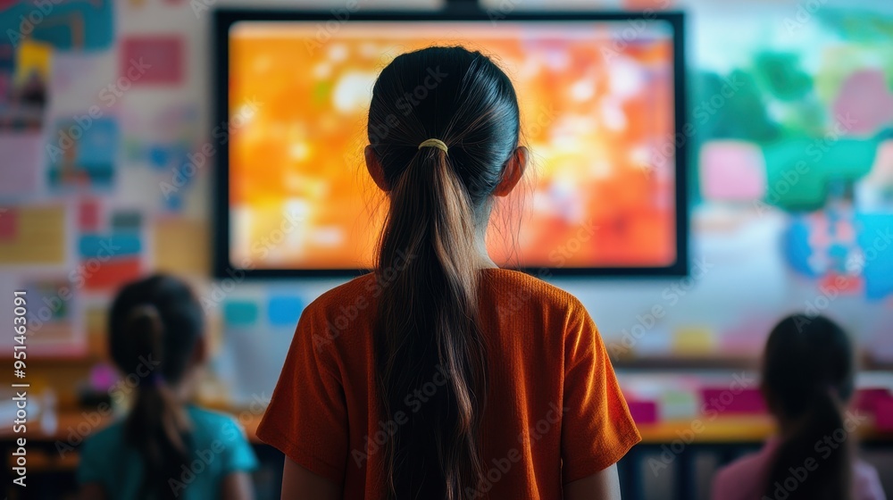 Poster student watching a colorful display in a classroom