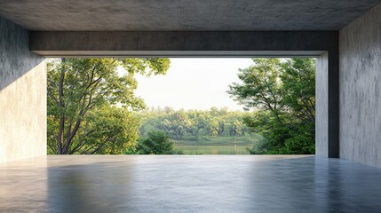 Empty concrete room with a large window overlooking a lush green forest and a lake.
