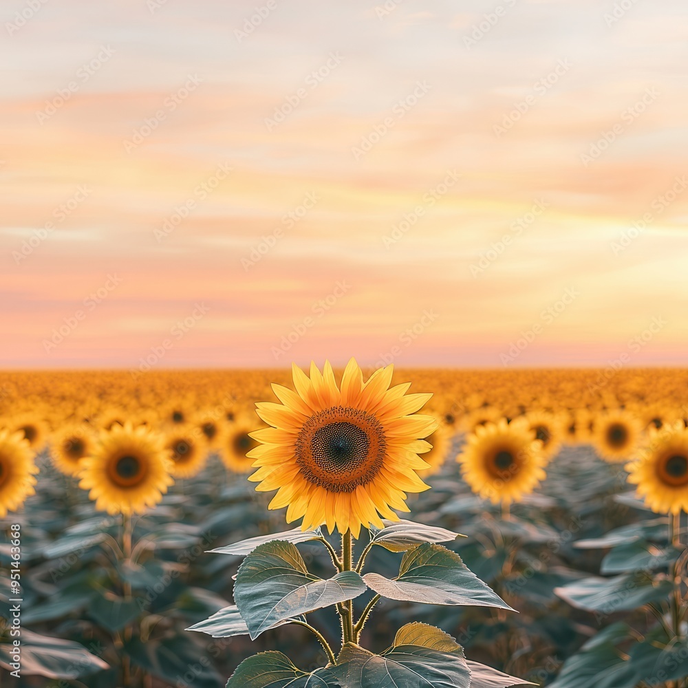 Poster Sunflower in a field at sunset.