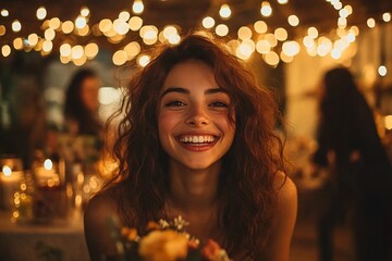 Fototapeta premium Joyful woman enjoying a festive evening under string lights