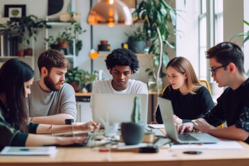 Team in an office computer working laptop.