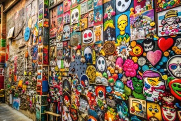 Fototapeta premium Collage of colorful stickers and graffiti on alley walls, urban street art