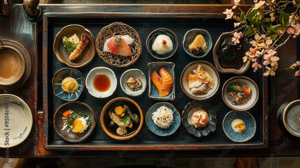 Wall mural traditional japanese kaiseki meal with multiple small dishes featuring seasonal ingredients, artfull
