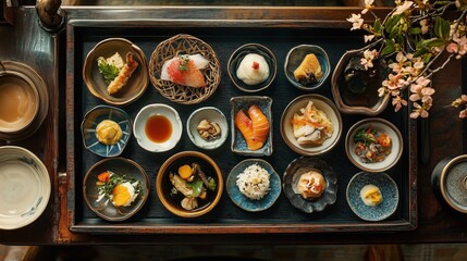 Traditional Japanese kaiseki meal with multiple small dishes featuring seasonal ingredients, artfully arranged on a lacquered tray, elegant fine dining atmosphere, copy space for stock photo with