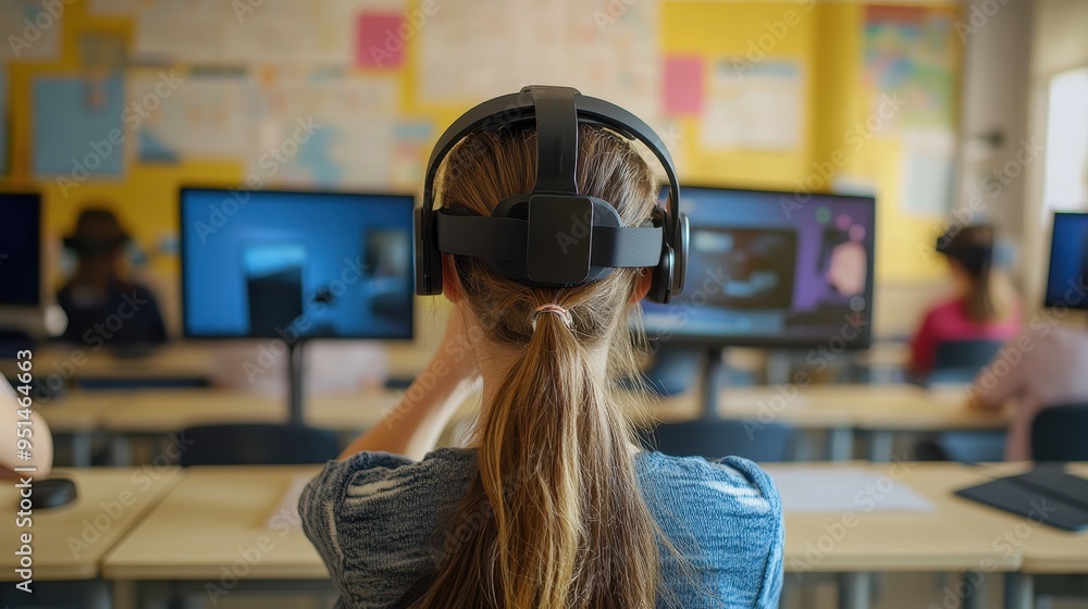 Poster girl exploring virtual reality in computer lab