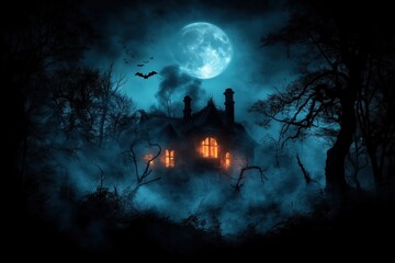 Fototapeta premium Spooky haunted house at night with eerie glowing windows, surrounded by fog and twisted trees, full moon illuminating the scene, bats flying in the sky, copy space for stock photo with minimal