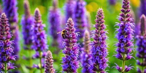 Naklejka premium Vibrant purple flowers of hyssop bloom amidst lush greenery, drawing in pollinators and adding a pop of color to the surrounding landscape's natural beauty.