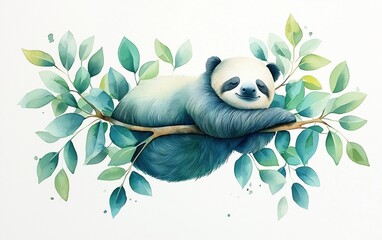 Minimalist Chinese Watercolor: Relaxed Panda in Earthy Green Tones