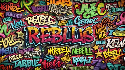 Naklejka premium Colorful graffiti-style words on a wall, urban street art