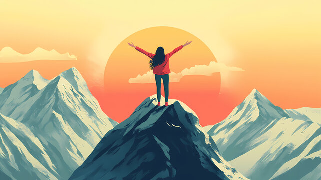 A woman feeling openness on a mountain peak with her arms outstretched. Mountain. Illustration