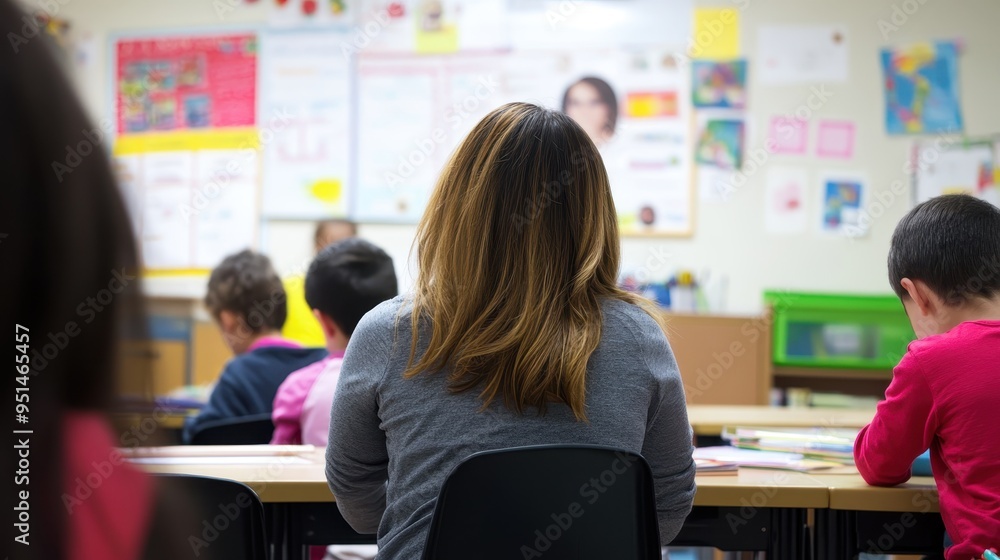 Poster students in a colorful classroom engaged in learning