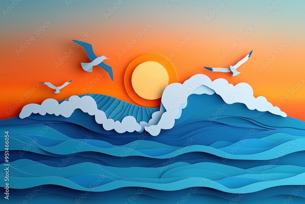 Wall mural paper cut style ocean wave crashing against the shore, with seagulls flying and the sun setting in t