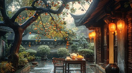 Chinese style courtyard, dusk, beautiful table, tea set, chair, a huge persimmon tree in the...