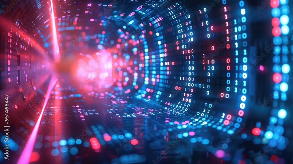 Fototapete High-Tech Network Wallpaper with Binary Code and Neon Illuminations for Futuristic Design. Generative AI.