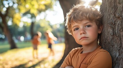 Child leaning against a tree in a park, looking bored while other kids play in the background, disinterested expression, bright sunny day, copy space for stock photo with minimal concept, No logo, No