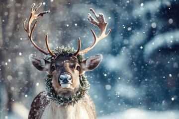 Cheerful reindeer with a wreath around its neck, standing in front of a snowy forest