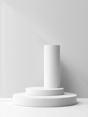 Fototapeta premium 3D realistic white cylinder product pedestal podium background. Minimal vertical pattern wall scene mockup product stage showcase, Promotion display. with generative ai