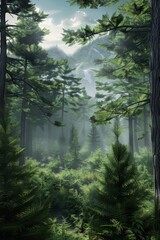 photorealistic 3d render view of mountains between trees in 