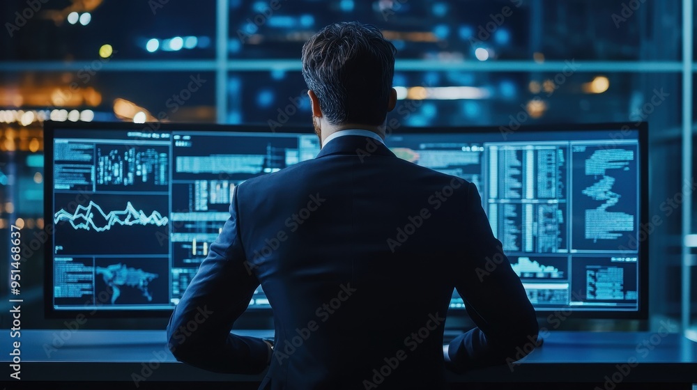 Poster businessman analyzing data and charts in a high-tech control room