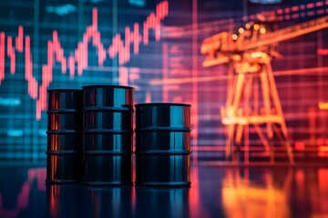 A set of black oil barrels are placed in the foreground with a vibrant stock market graph displayed in the background, symbolizing the connection between crude oil prices and global financial markets.