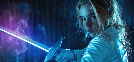 Teen girl in fencing costume with sword in hand isolated on black background, neon lighted smoke. Practicing and training in motion, action. Generative AI.