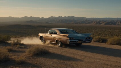 Fototapeta premium A car is driving on a dirt road in the desert