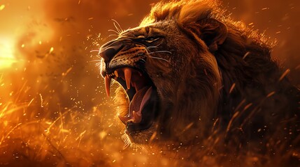 a lion roaring its teeth in a field of grass with a yellow background