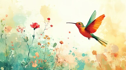 a painting of a hummingbird flying over a flower field