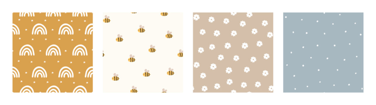Fototapeta Bohemian Baby pattern. Set of Boho print for kids with bee, rainbow and flowers. Gender Neutral Nursery Cute Ornaments. Vector illustration in flat cartoon style.