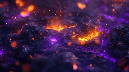 Cinematic 3D design with worn steel, deep purple, orange, and grey colors, glowing purple sparks, and incandescent purple ashes.