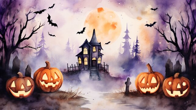 A spooky watercolor background showcasing a haunted house with ghostly figures and a Jack-o'-Lantern in the foreground