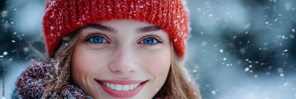 Poster a woman wearing a red hat and scarf smiles at the camera in the snow