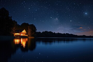 Fototapeta premium Lake with illuminated cottage architecture landscape building.
