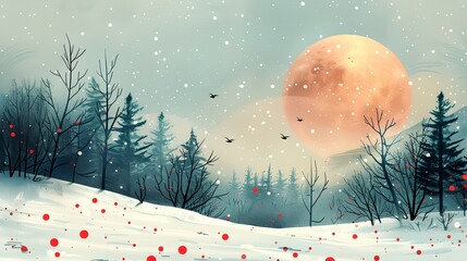 a painting of a snowy landscape with trees and birds flying in the sky and a full moon in the distance..