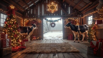 Inside a cozy barn decorated for Christmas, with two cows. Generative AI.
