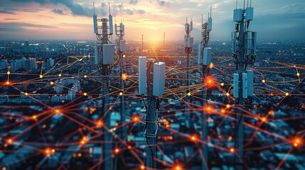 Telecommunication tower, Communication network in telecommunication, focusing on seamless connectivity across devices and platforms. Generative AI.