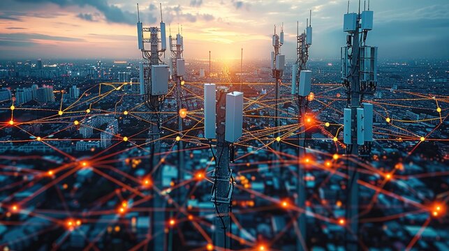 Telecommunication tower, Communication network in telecommunication, focusing on seamless connectivity across devices and platforms. Generative AI.