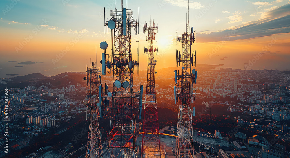 Poster telecommunication tower, communication network in telecommunication, focusing on seamless connectivi