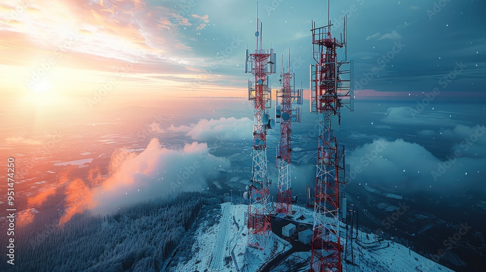 Poster telecommunication tower, communication network in telecommunication, focusing on seamless connectivi