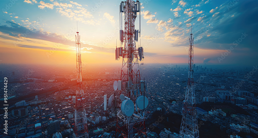 Poster telecommunication tower, communication network in telecommunication, focusing on seamless connectivi